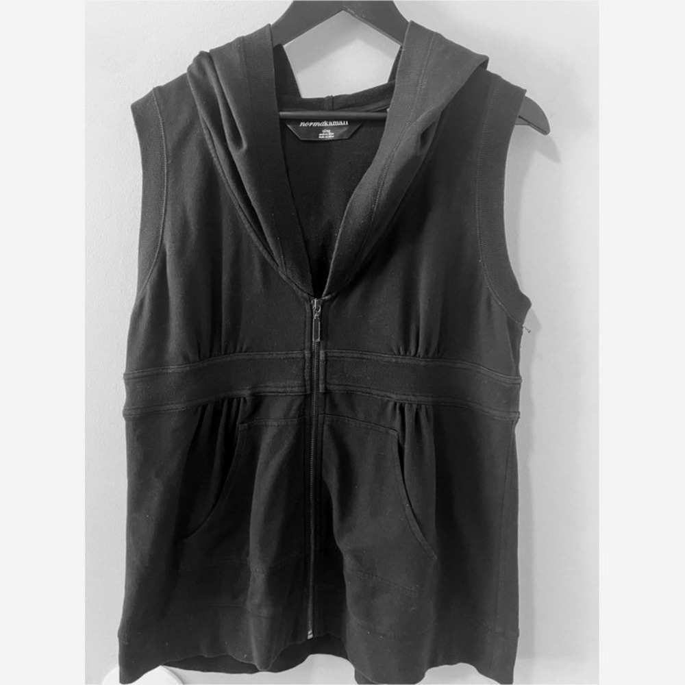 Norma Kamali Black Sleeveless Zip Front Hoodie Vest XL Cotton Athleisure